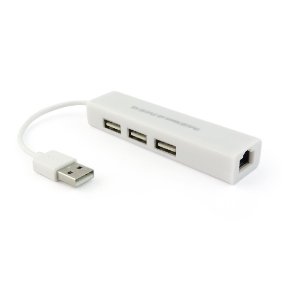 USB хъб , USB 2.0 + Мрежов адаптер, 3 Порта, Бял 
